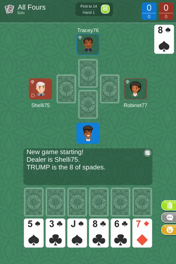 The All Fours game table: score at the top, the trump card top right, four players around the centre, a message box and your six cards at the bottom.